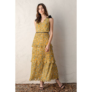 Lulus Such Sophistication Yellow Floral Print Pleated Maxi Dress - Size M